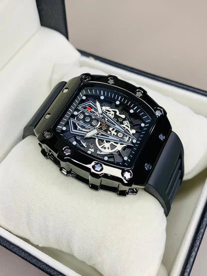 Luxury Skeleton Dial Sports Watch – Black Edition